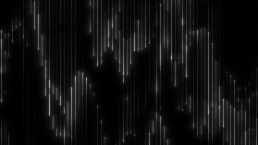 4K looping abstract vertical glowing line background over black background.
