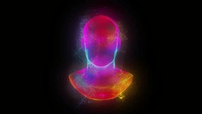 4K colorful abstract looping animation of 3D male bust rotating over black background with glows and swarming particles. - Powered by Shutterstock - Get 15% off with code: PIKWIZARD15