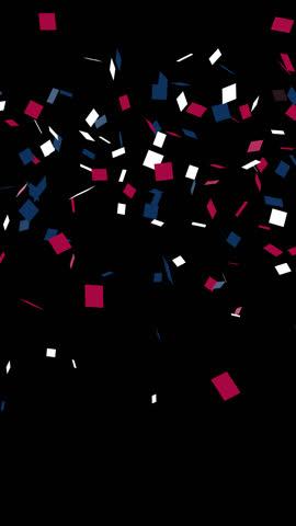 Red white and blue confetti explodes from the bottom of the frame then double pops and falls glittering. 4th of July celebration concept. Vertical video overlay with transparent alpha channel.