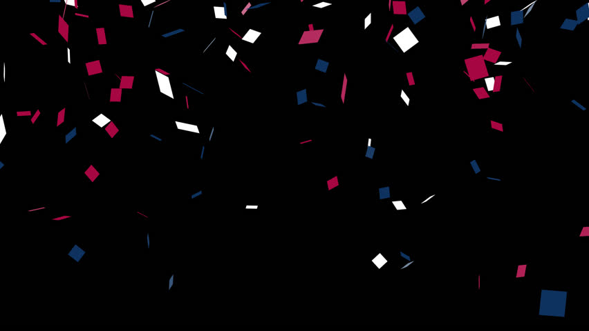 Red white and blue confetti explodes from the bottom of the frame then double pops and falls glittering. 4th of July celebration concept. Video overlay with transparent alpha channel.