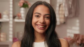Portrait happy cheerful woman positive laughing Hispanic teen stylish female in pink candy bathroom shampoo bubbles spa beauty skincare funny girl looking at camera laugh toothy smiling medical care - Powered by Shutterstock - Get 15% off with code: PIKWIZARD15