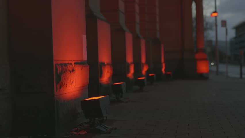 View of red lights on an old building in Hobart, Tasmania, Australia