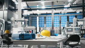 Modern industrial facility with robotic arms assembling solar cells, PC screens tracking real time industrial performance data. Safety glasses and tools across clean eco friendly workspace. - Powered by Shutterstock - Get 15% off with code: PIKWIZARD15