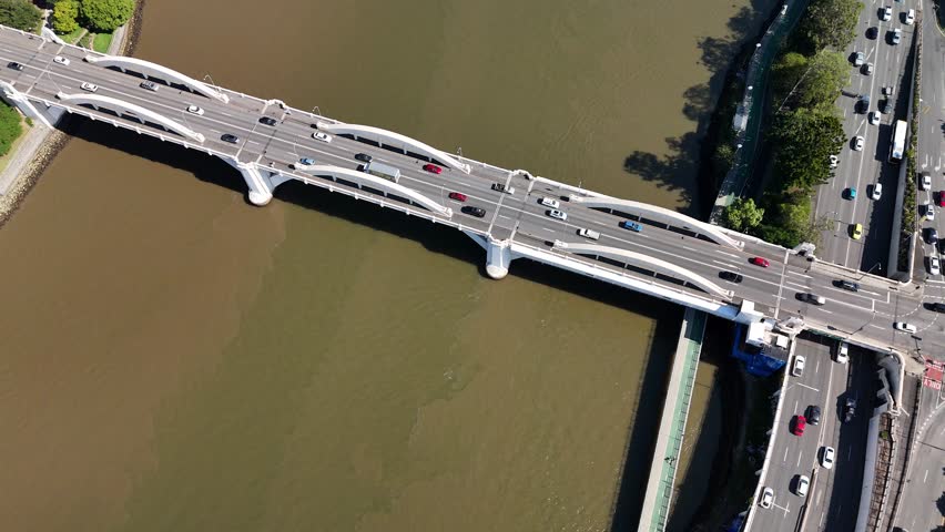 Brisbane, Queensland, Australia – 4K Aerial Drone Footage of William Jolly Bridge with Cars and Vehicles, Brisbane River, and Highway Traffic Along the Riverside
