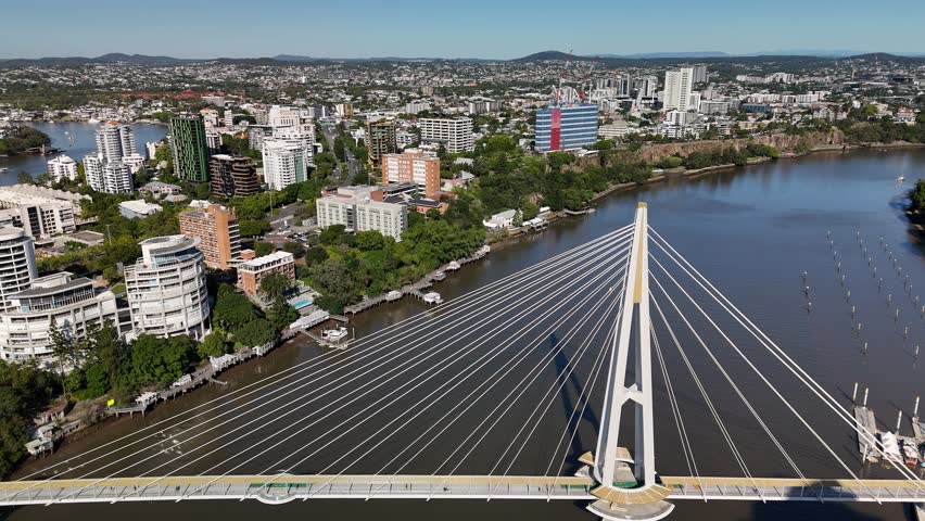 Kangaroo Point Bridge, Brisbane, Queensland, Australia, May 22, 2025 – 4k Aerial Drone Footage of City CBD, Skylines, Skyscrapers, Brisbane River, City Traffic, Parklands