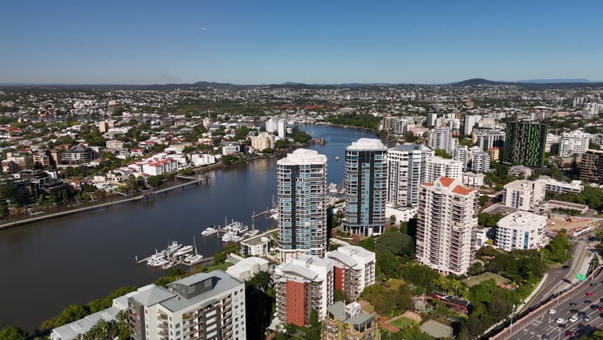 Brisbane, Queensland, Australia– 4k Aerial Drone Footage of City CBD, Skylines, Skyscrapers, Brisbane River, Bridges, City Traffic