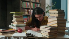 Stressed annoyed Caucasian woman girl high school student teacher female write exam hard education difficult learning studying reading books library university college exhausted tired overwork scream - Powered by Shutterstock - Get 15% off with code: PIKWIZARD15