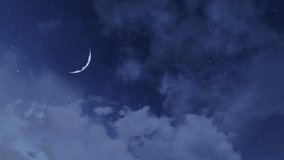Dreamlike starry night sky with fantastic big half moon and falling stars meteoric shower among cumulus clouds. Magic nighttime cloudy heaven and new moon, flying through space 3D animation. - Powered by Shutterstock - Get 15% off with code: PIKWIZARD15