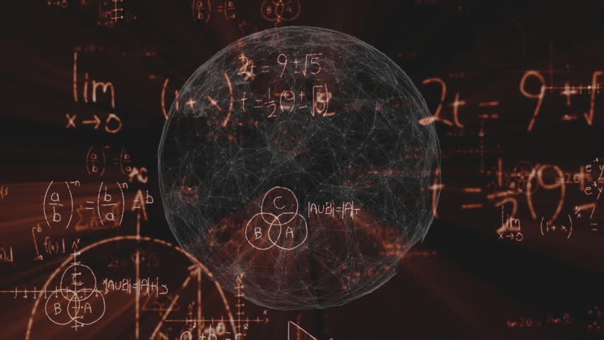 3D sphere starting rotation in dark void causing equations to fade in, visualizing math network. Geometry, data visualization, digital art, innovation, technology, scientific, abstract
