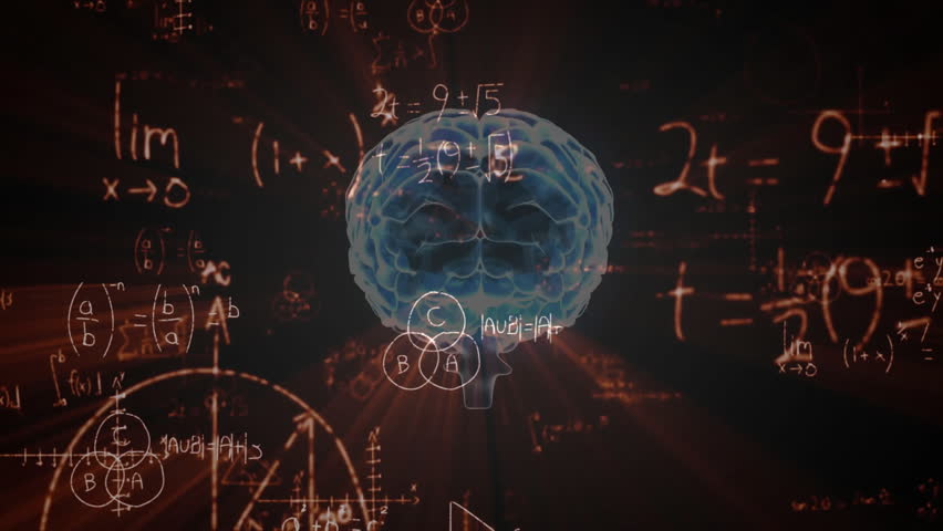 Dark opening with blue 3D brain rotating and formulas pulsing under orange rays visualizing math. Neuroscience, datavisualization, futuristic, educational, technology, abstract, digitalart - Powered by Shutterstock - Get 15% off with code: PIKWIZARD15