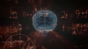 Dark opening with blue 3D brain rotating and formulas pulsing under orange rays visualizing math. Neuroscience, datavisualization, futuristic, educational, technology, abstract, digitalart - Powered by Shutterstock - Get 15% off with code: PIKWIZARD15