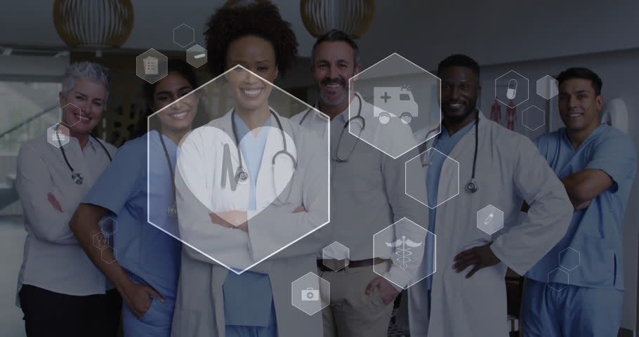Healthcare team standing while animated hexagon fading in and showing medical service options. Medical, healthcare, teamwork, innovation, professionalism, diagnostics, hospital