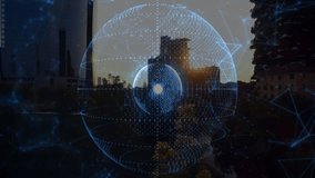 Sunset initiating holographic globe over city nodes emerging and rings pulsating showing data flow. Futuristic, digital, connectivity, skyline, innovation, technology, modern - Powered by Shutterstock - Get 15% off with code: PIKWIZARD15