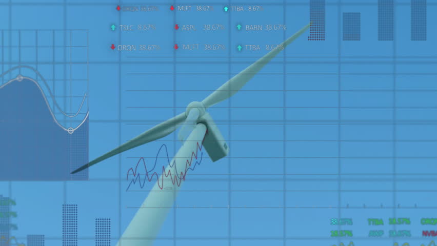 Wind turbine on blue grid starting stock tickers fading with spinning gauge for tracking metrics. Renewable, sustainable, digital, analytics, data visualization, technology, progress - Powered by Shutterstock - Get 15% off with code: PIKWIZARD15