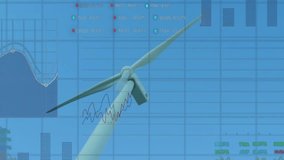 Wind turbine on blue grid starting stock tickers fading with spinning gauge for tracking metrics. Renewable, sustainable, digital, analytics, data visualization, technology, progress - Powered by Shutterstock - Get 15% off with code: PIKWIZARD15