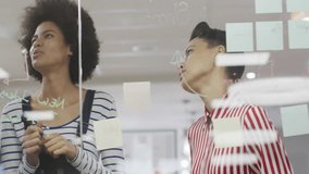 On scanning glass board sticky notes team collaborating with digital metrics guiding marketing plan. Collaboration, teamwork, brainstorming, innovation, meeting, strategy, creative - Powered by Shutterstock - Get 15% off with code: PIKWIZARD15