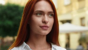 Caucasian attractive woman thoughtful girl female businesswoman tourist outdoor portrait thinking planning idea question thought hold hand on chin consider think ponder solution choose dream in city - Powered by Shutterstock - Get 15% off with code: PIKWIZARD15