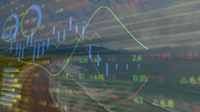 Green line sweeping above mountains, red line crossing with pulsing charts showing market shifts. Financial, analytics, data visualization, digital, modern, technology, growth - Powered by Shutterstock - Get 15% off with code: PIKWIZARD15