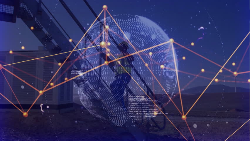 Field technician gripping ladder and climbing utility while analyzing network orb with code overlay. Industrial, technology, cybersecurity, engineering, innovation, digital, connectivity - Powered by Shutterstock - Get 15% off with code: PIKWIZARD15