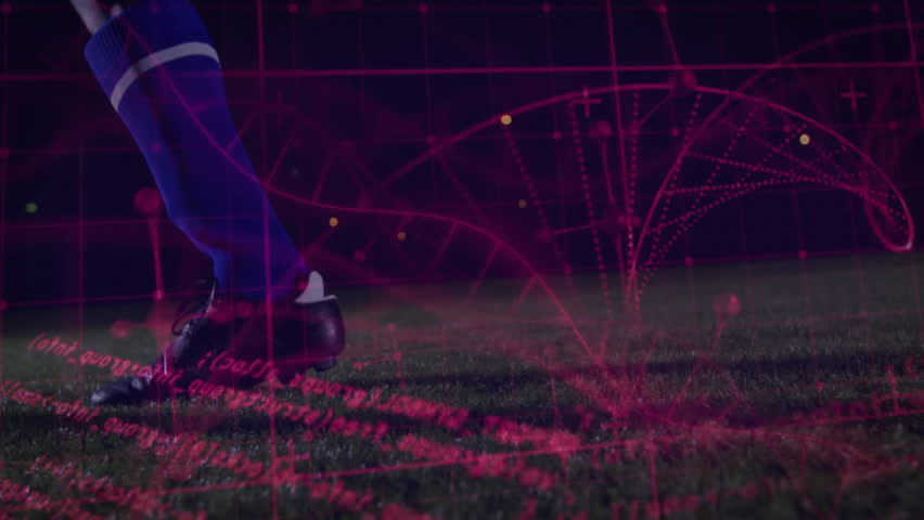 Athlete tapping soccer ball to start dribbling as digital grid guiding tech step-over training. Sports, technology, innovation, fitness, precision, motion, digital - Powered by Shutterstock - Get 15% off with code: PIKWIZARD15