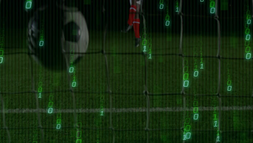 Soccer player initiating digital code overlay visualizing data before kicking ball off goal line. Sports, gaming, futuristic, technology, athletic, landscape, digital - Powered by Shutterstock - Get 15% off with code: PIKWIZARD15