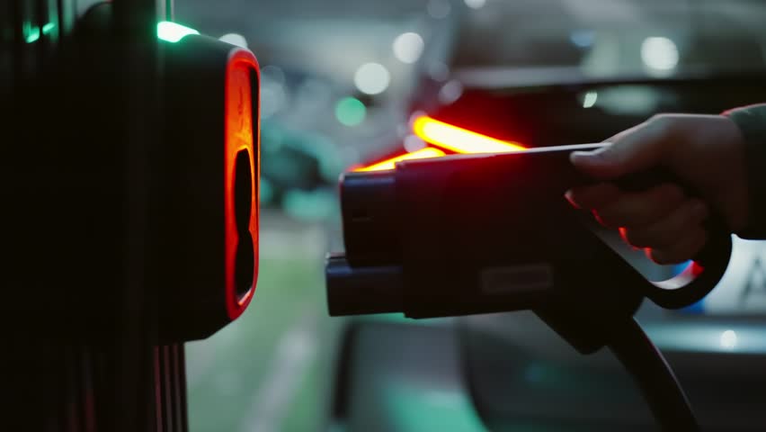 Close-up view of a hand plugging a charger into an electric vehicle in dimly lit conditions, emphasizing eco-friendly transportation and modern technology. Person Plugging in Electric Vehicle Charger