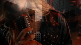 Opening showing rock singer singing into mic as overlay intensifying and guitarist emerging. Rock, vocalista, urban, atmosphere, performance, concert, moody - Powered by Shutterstock - Get 15% off with code: PIKWIZARD15