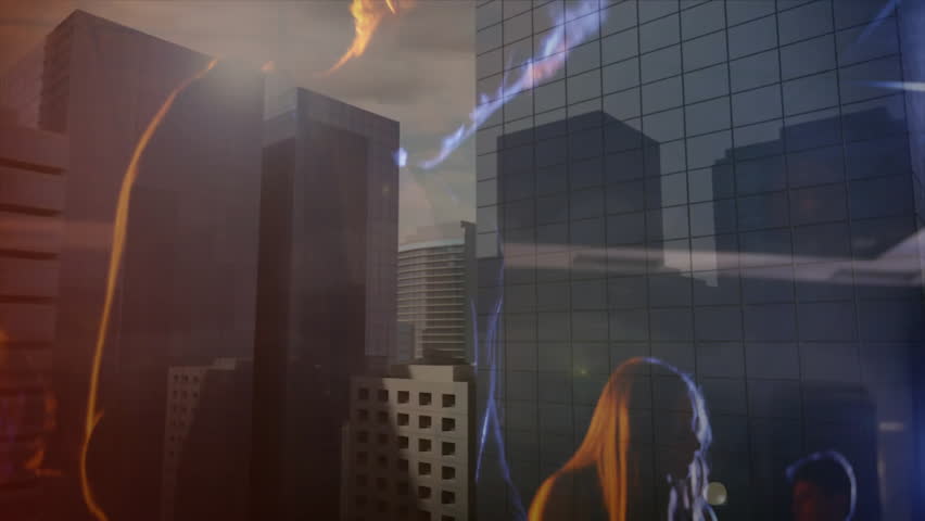 Woman tapping keyboard for live rooftop music, generating swirling light streaks across skyline. Musicians, performance, nightlife, neon, futuristic, urban, artistic
