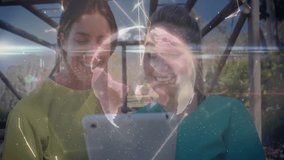 Technology users tilting tablet in garden visualizing network swirling into rotating 3D globe. Futuristic, digital, innovation, connectivity, collaboration, outdoor, vibrant - Powered by Shutterstock - Get 15% off with code: PIKWIZARD15