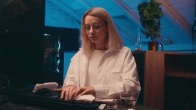 Caucasian business woman computer web programming code data crypto currency trading night late online work deadline female influencer gamer girl student businesswoman worker drink water home office - Powered by Shutterstock - Get 15% off with code: PIKWIZARD15