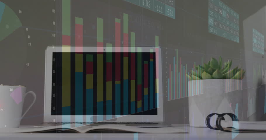 On playback start laptop screen morphing bars into bar and line charts visualizing market trends. Technology, data, analytics, modern, minimalist, professional, digital
