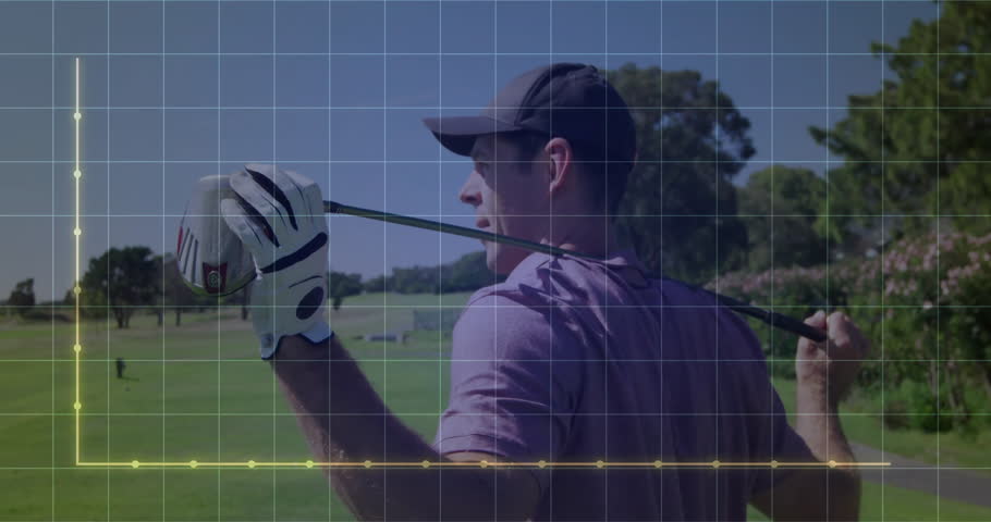 Male golfer standing on fairway, grid fading in, axes and tech charts building analyzing swing. Athlete, sports, performance, analytics, technology, outdoor, recreational