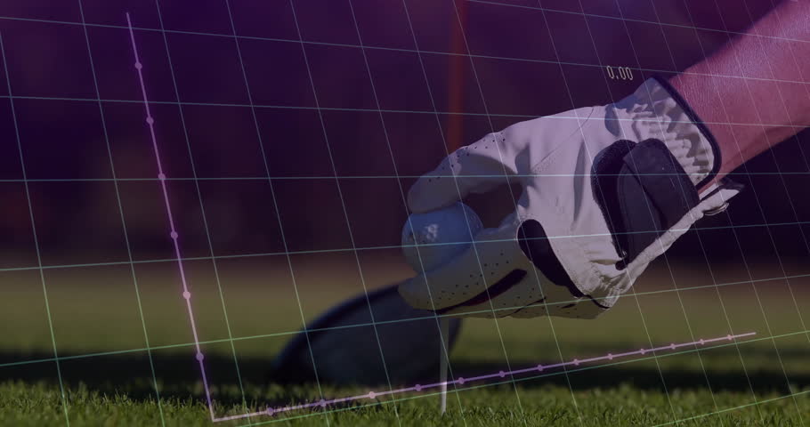 Gloved hand placing golf ball onto tee while data grid animating, driver edging for shot prep. Precision, sport, technology, outdoor, competitive, dynamic, athleticism