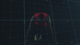 Athlete rising from sprinter stance as timeline progressing in tech space with teal grid overlay. Dynamic, futurism, athleticism, motion, digital, performance, innovation - Powered by Shutterstock - Get 15% off with code: PIKWIZARD15