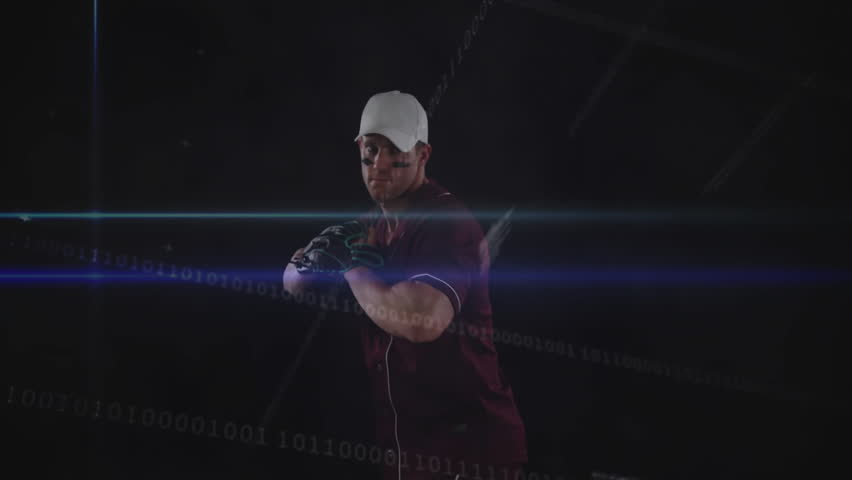 Baseball pitcher raising knee and winding up, delivering white baseball code trail in tech arena. Digital, sport, motion, futuristic, athletic, dynamic, energetic