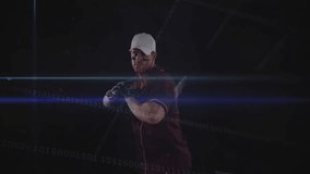 Baseball pitcher raising knee and winding up, delivering white baseball code trail in tech arena. Digital, sport, motion, futuristic, athletic, dynamic, energetic - Powered by Shutterstock - Get 15% off with code: PIKWIZARD15