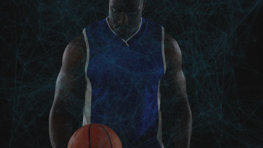 After releasing basketball man dribbling ball under glowing network lines for sports tech demo. Athlete, sports, digital, futuristic, concentration, motion, innovation