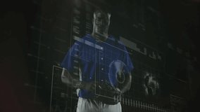 Baseball player activating data grid tossing ball with glove while tech gauges morphing world map. Athlete, sports, digital, innovation, futuristic, technology, interface - Powered by Shutterstock - Get 15% off with code: PIKWIZARD15