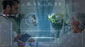 Doctor tapping tablet, swiping patient data, causing 3D medical overlay updating vitals for checkup. Healthcare, telemedicine, technology, innovation, senior, diagnostic, digital - Powered by Shutterstock - Get 15% off with code: PIKWIZARD15