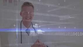 Binary code streams revealing medical suite while doctor scanning file with data visuals framing. Futuristic, professional, healthcare, digital, diagnostic, technology, clinical - Powered by Shutterstock - Get 15% off with code: PIKWIZARD15