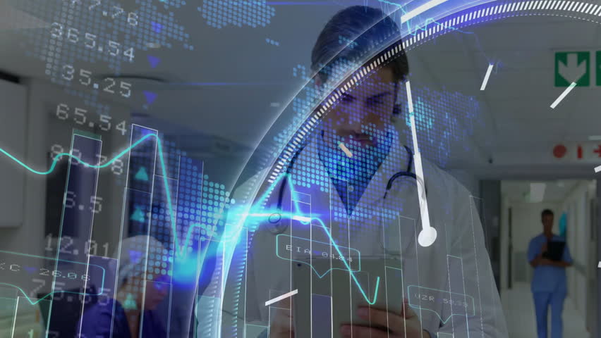 Female doctor scrolling tablet monitoring health data activating line graph and clock animations. Healthcare, medical, digital, technology, analytics, professional, hospital - Powered by Shutterstock - Get 15% off with code: PIKWIZARD15