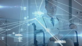 Male doctor in wheelchair holding tablet as network emerging, tapping charts analyzing connections. Medical, technology, innovation, healthcare, digital, analysis, futuristic - Powered by Shutterstock - Get 15% off with code: PIKWIZARD15
