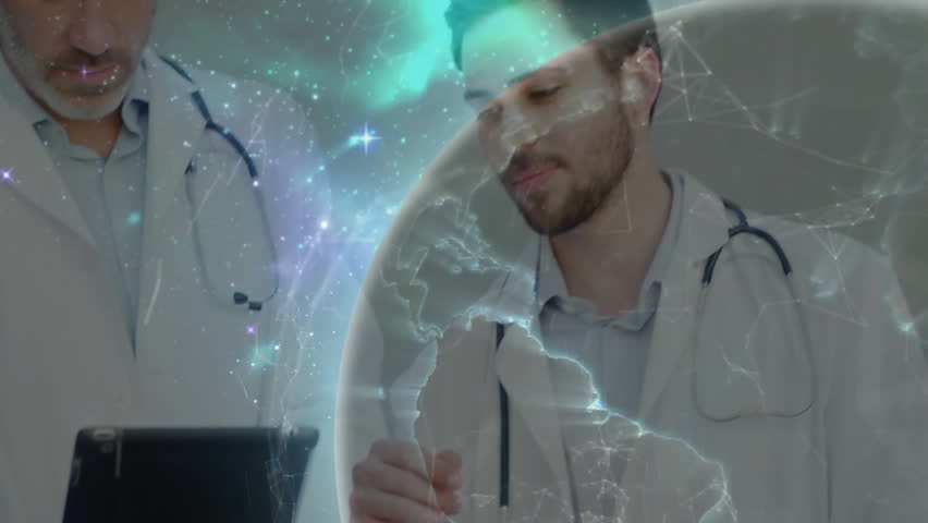 Three doctors examining tablet with nebula shimmer generating rotating globe reviewing health data. Medical, healthcare, technology, collaboration, innovation, digital, scientific - Powered by Shutterstock - Get 15% off with code: PIKWIZARD15