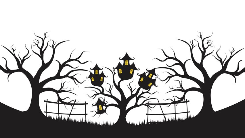 Animation of a spooky forest scene with bare trees, flying bats, and hanging miniature castles from branches, creating a unique Halloween atmosphere.