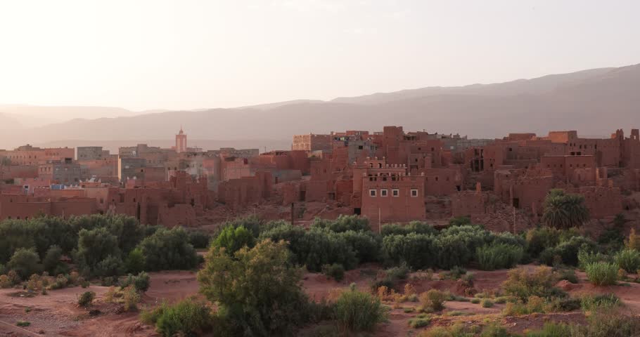 Scenic panoramic sunset landscape views of the Tinghir oasis, Morocco 
