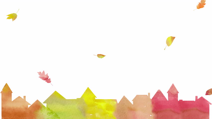 A gorgeous autumn townscape with colorful fallen leaves falling. A picture book-like loop animation using watercolor paintings.