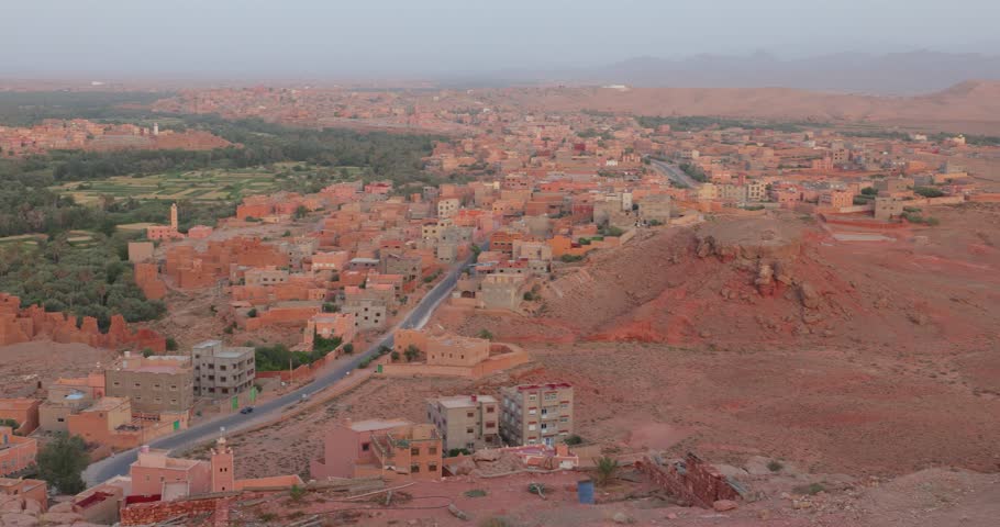 Scenic panoramic sunset landscape views of the Tinghir oasis, Morocco 