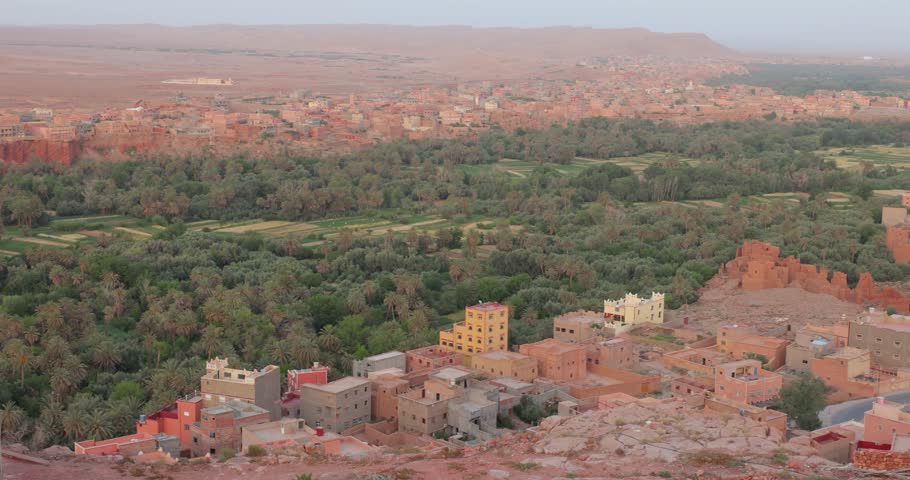 Scenic panoramic sunset landscape views of the Tinghir oasis, Morocco 