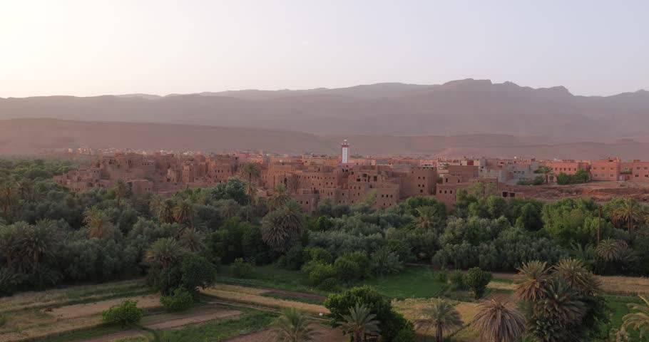 Scenic panoramic sunset landscape views of the Tinghir oasis, Morocco 