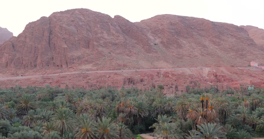 Scenic panoramic sunset landscape views of the Tinghir oasis, Morocco 